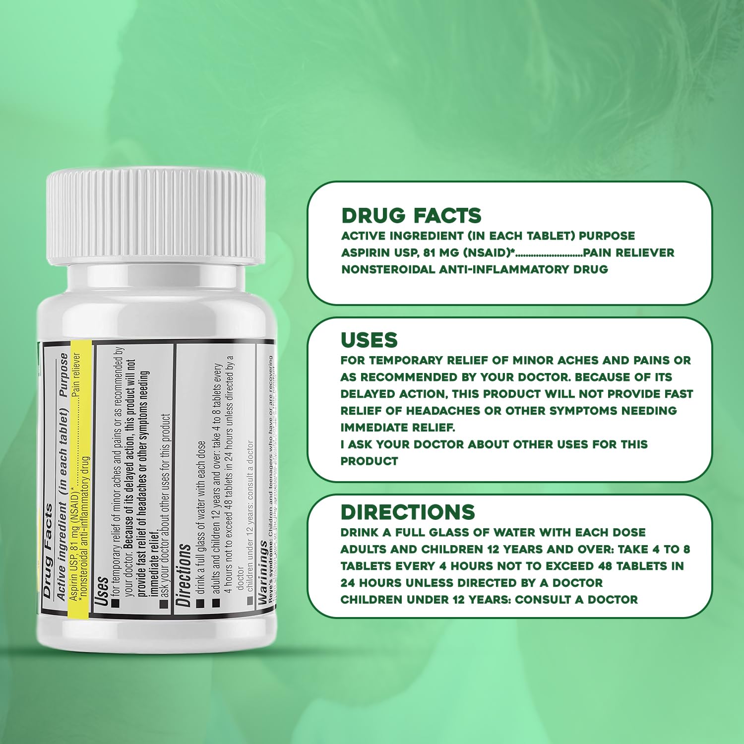 Safrel Generic Bayer Baby Aspirin 81 mg (500 Enteric Coated Tablets) | Adult Low Dose Strength Safe Pain Reliever (NSAID) for Minor Aches | Value Pack