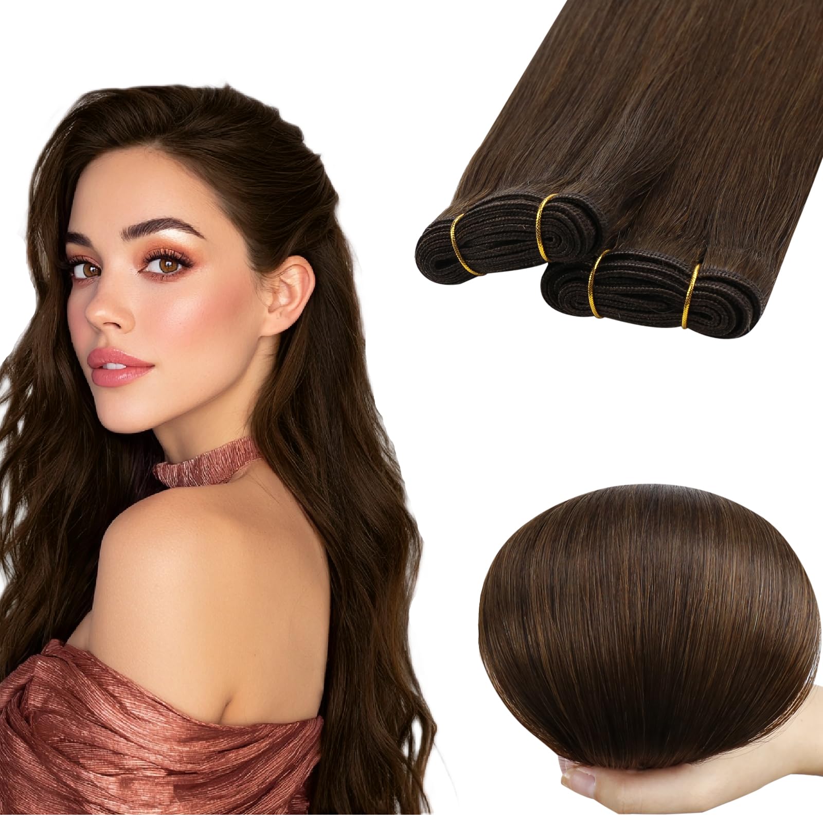 RUNATURE Brown Human Hair Weft Extensions 14 Inch 100 Gram Sew In Installation Double Weft Straight Human Hair 15 cm — image 1