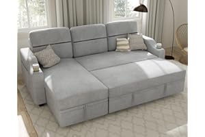 Ucloveria Reversible Sectional Sofa Couch, Sleeper Sofa Bed with Storage Chaise Pull Out Couch Bed for Living Room | Hidden Stroge | Side Pocket | Sofa Cup Holder | Removable Backrest | Linen Fabric