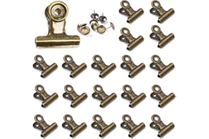 YUCHIYA 20 Pack Metal Clips with 20 Push-pins for Corkboard,Bulldog Clips for Hanging Pictures,Small Hinge Clips for Crafts,Mini Binder Clips Paper File Clamps for Office School(1.25 Inch,Bronze)