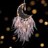 Dremisland Moon Dream Catcher with Fairy Lights Pink Grey Feather Decor view 2