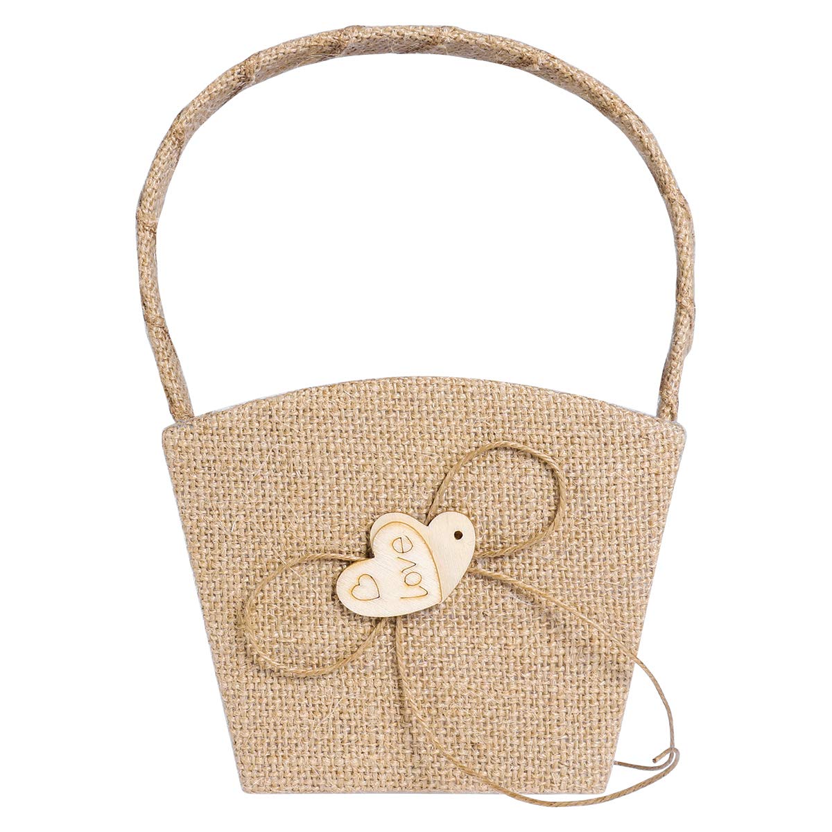 Homoyoyo Burlap Flower Girl Basket Vintage Wooden Double Heart and Bowknot Wedding Hessian Flower Girl Basket for Wedding Party Banquet Ceremony Party