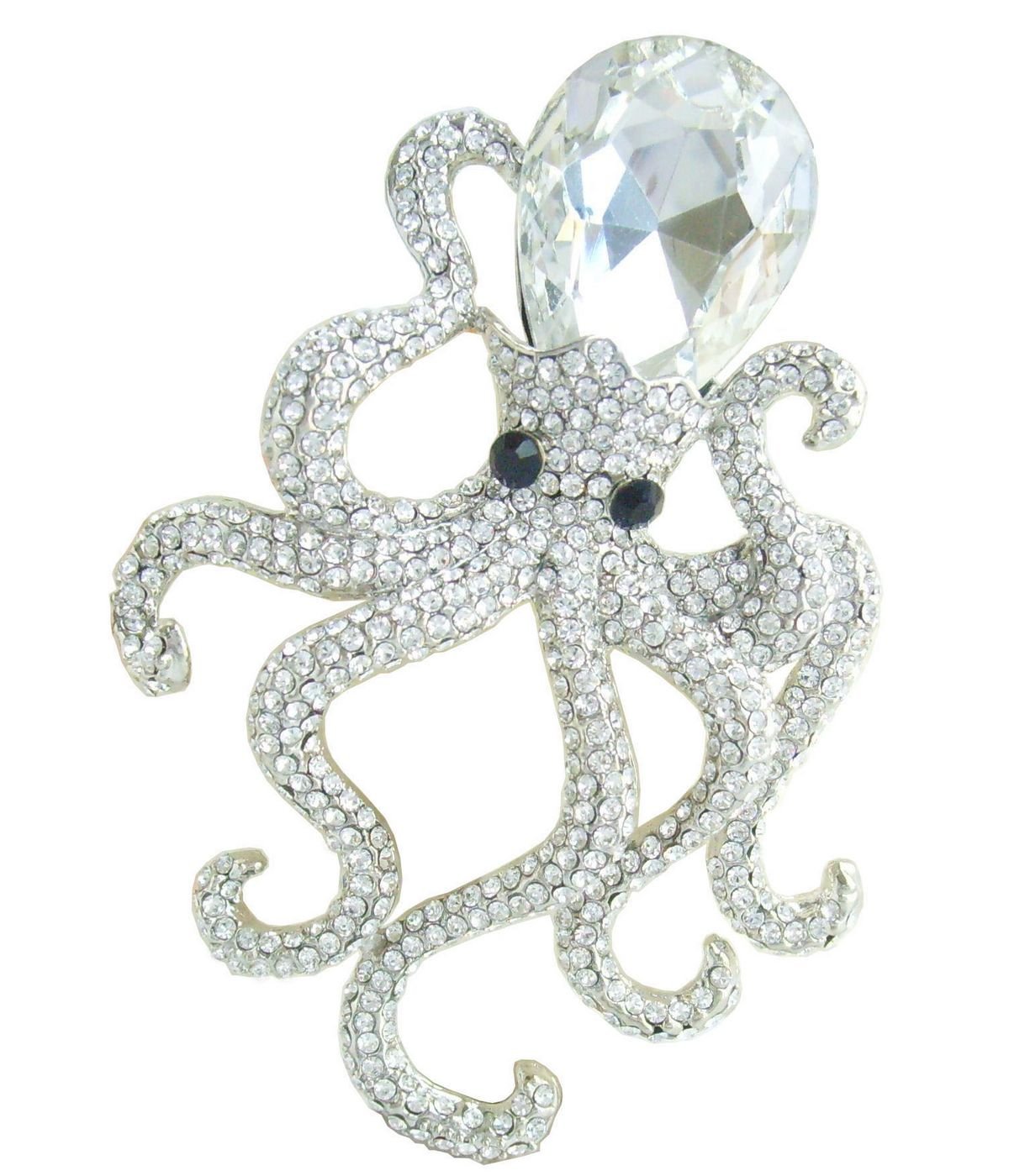 Sindary 3.15" Art Style Animal Octopus Brooch Pin Pendant Austrian Crystal UKB5097 (Silver-Tone Clear)