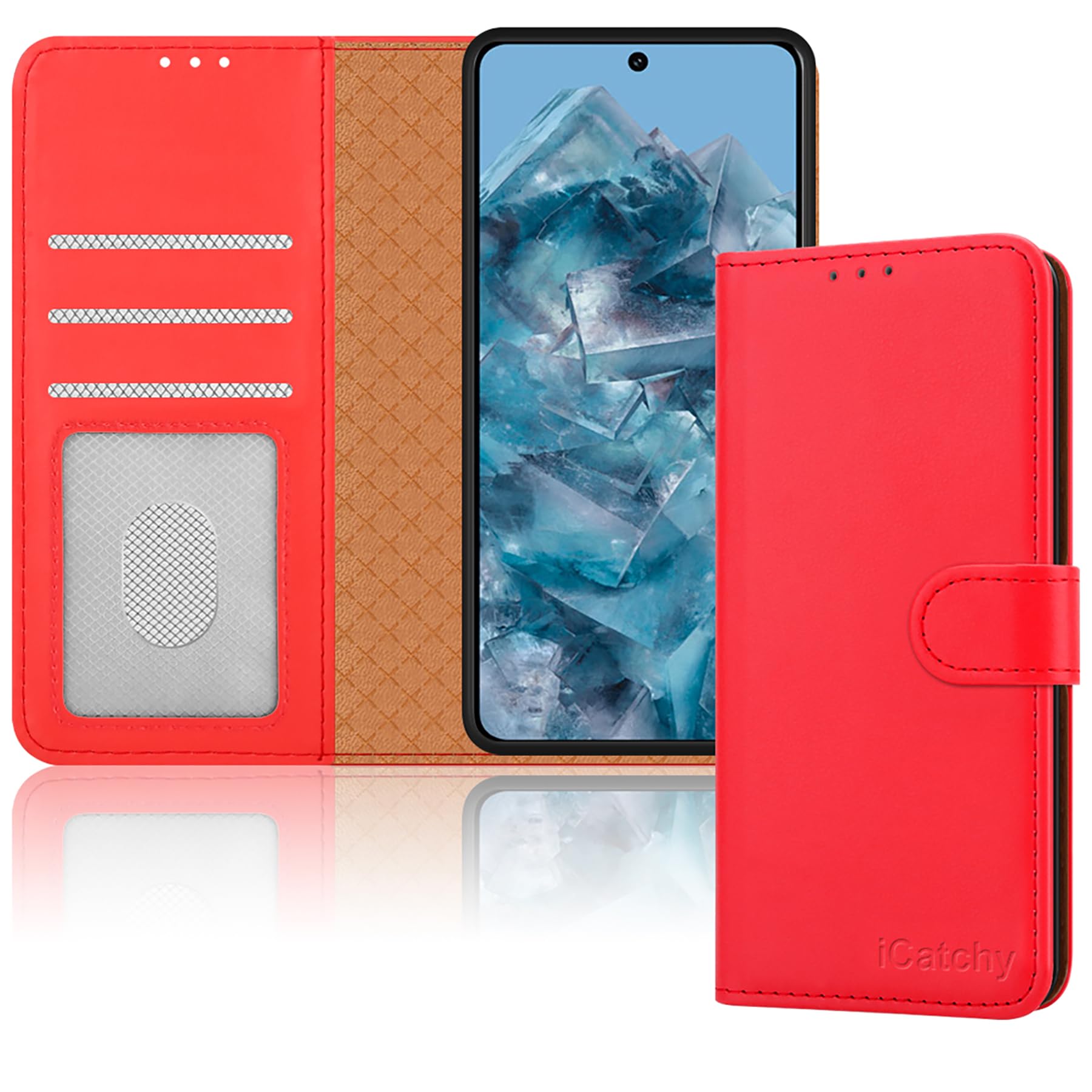 iCatchy for Google Pixel 8 Pro Case Leather Wallet Book Flip Folio Stand View Magnetic Protect RFID Blocking Cover Compatible with Pixel 8 Pro Phone (Red)