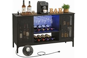 Homieasy Wine Bar Cabinet with Power Outlets & LED Lights, Industrial Liquor Cabinet with Adjustable Wine Racks, Coffee Station Cabinets with Storage for Kitchen/Home, Black