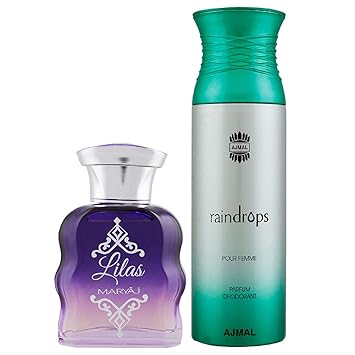 Maryaj Lilas Eau De Parfum Citrus Floral Perfume 100ml for Women and Ajmal Raindrops Femme Deodorant Floral Chypre Fragrance 200ml for Women + 2 Parfum Testers FREE