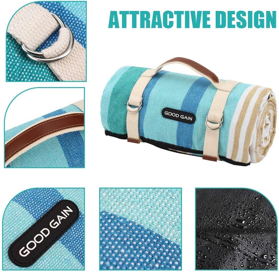 G GOOD GAIN Picnic Blanket Waterproof & Sand Proof, Beach Blanket Portable with Carry Strap, XL Large Foldable Picnic Rug Machine Washable for Outdoor Camping Party, Wet Grass, Hiking, Kids Playground. : Garden & Outdoor