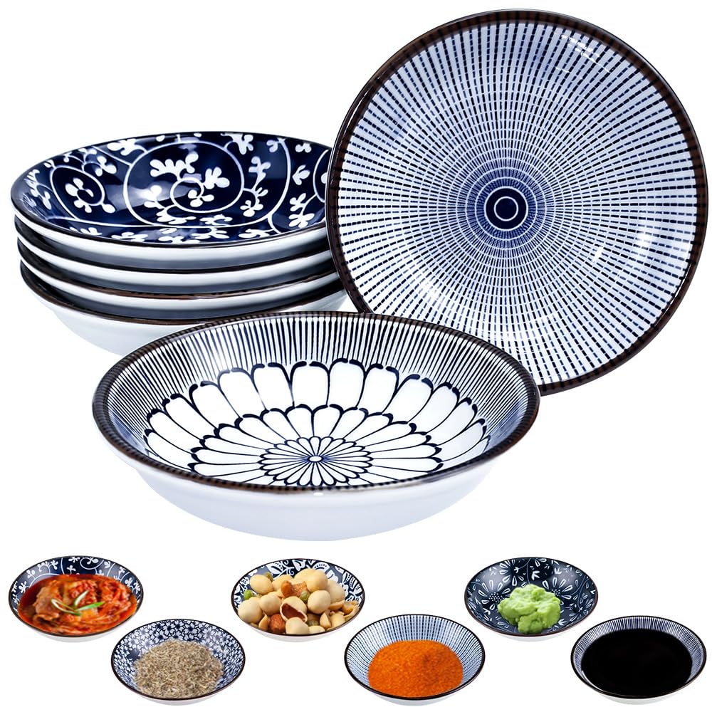 HEKOBAG Set of 6 Tapas Dishes, Ø 4inch Tapas Bowls Set Ceramic Saucer Dishs Ceramic Dipping Bowl Mini Side Seasoning Dish Soy Sauce Dish Small Spice Plates for Sushi,Sauce,Snack,Soy(3 OZ)