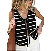 SOLY HUX Women's Sleeveless Striped Sweater Vest V Neck Tie Bow Crochet Knit Tank Tops Casual Loose Cardigan