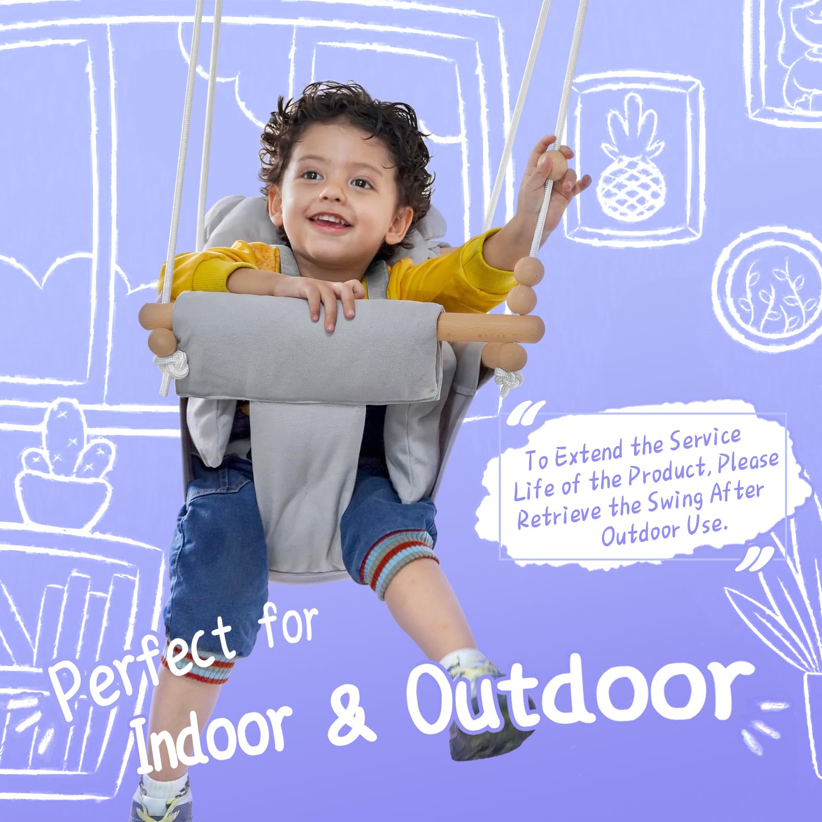 Baby Swing Indoor Outdoor,Secure Canvas Wooden Toddler Swing Seat, 3-Point Adjustable Safety Harness,Mounting Hardware Included,Gift for Boys and Girls, Grey