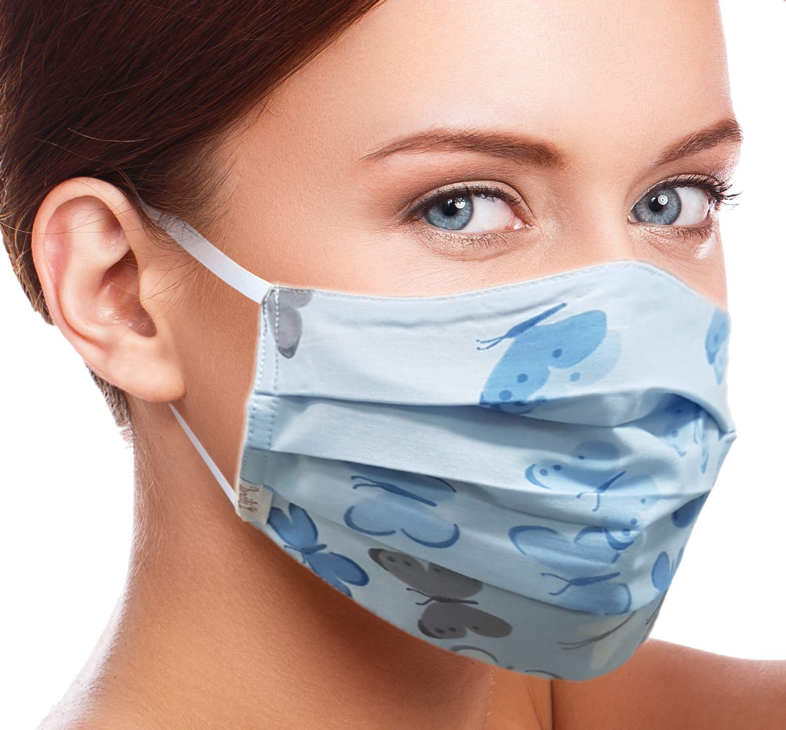 Lilind Face Mask, Comfortable Gift, Handmade in Europe, Breathable Soft Cloth, Reusable and Washable Covering, 100% Cotton, Blue Butterflies design