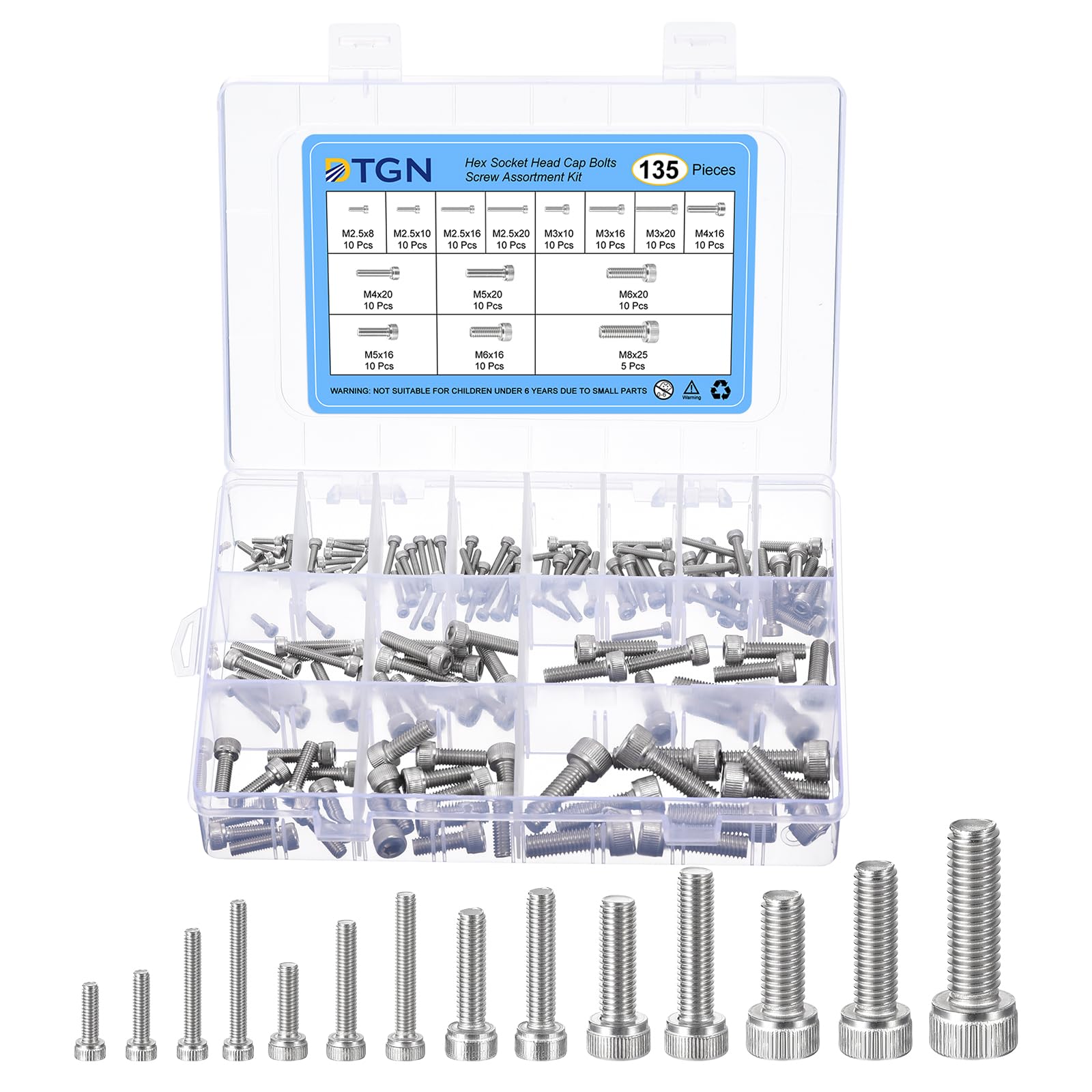 DTGN 135Pcs Metric Screw Assortment, M2.5 M3 M4 M5 M6 M8 Bolts Socket Head Screws, 304 Stainless Steel Hex Socket Head Cap Screws Bolt Set for 3D Printing DIY