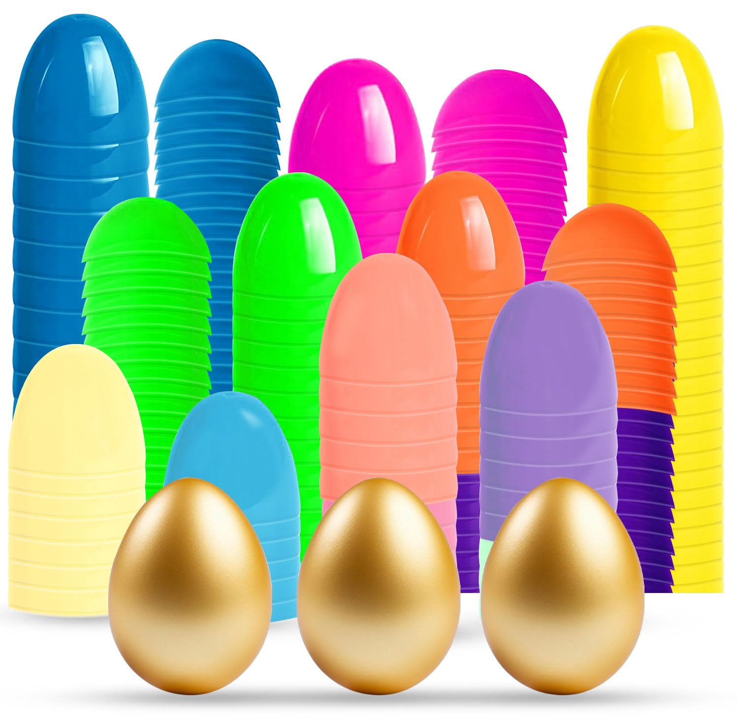 Plastic Easter Eggs Empty Fillable，2.36" (36-PCS with 3 Golden Eggs) Easter Decoration，12 Colors Bright Pastel Bulk Large Easter Decor，Perfect for Egg Hunt/Surprise Egg/Classroom Prize Supplies