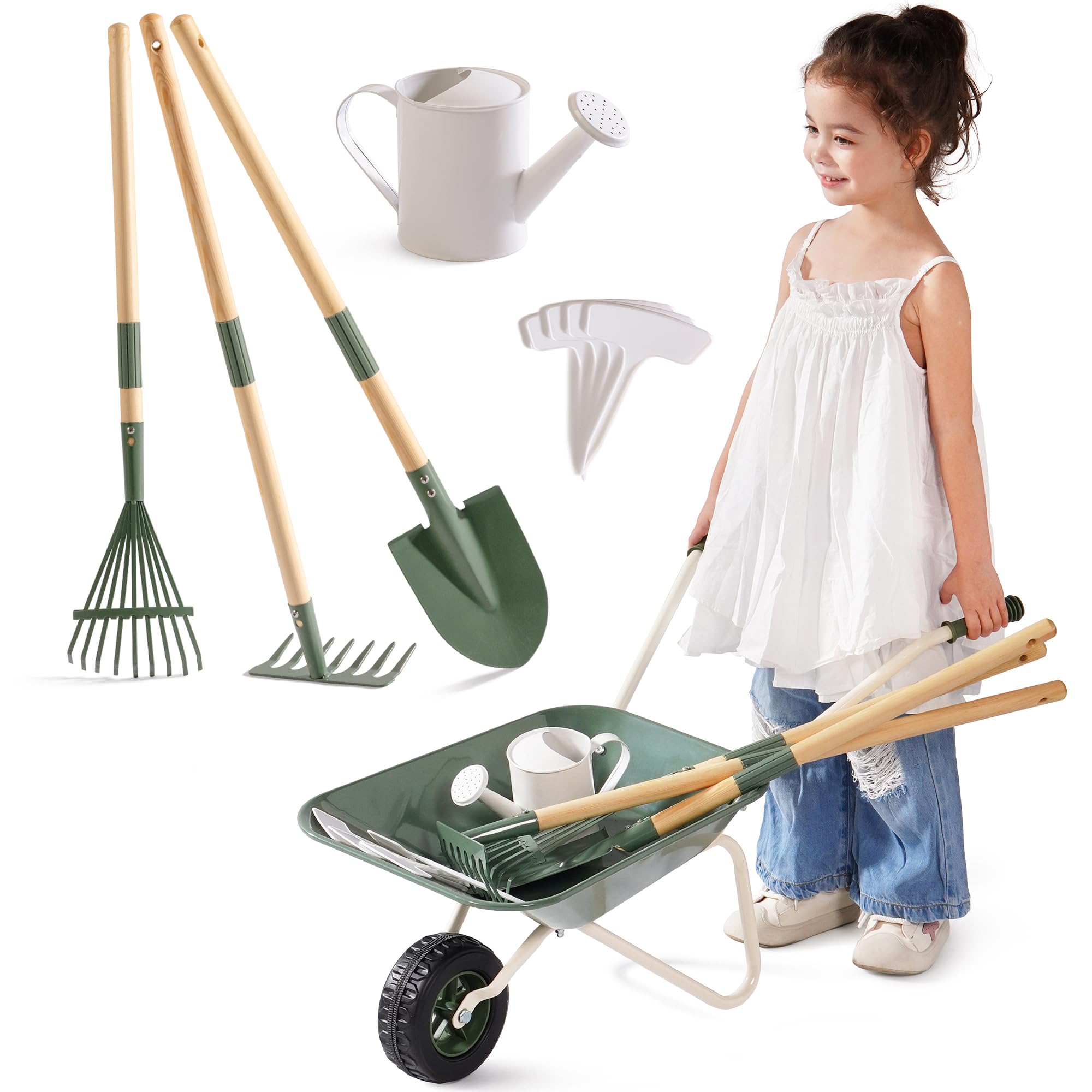ROBOTIME Kids Metal Wheelbarrow & Planting Tools, 5PC Large Gardening Set with Adjustable Pine Handle, Outdoor Backyard Playset with Watering Can, Rake, Shovel, for Boys & Girls Ages 3+ (Olive Green) — image 1