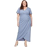 S.L. Fashions Women's Long V-Neck Mother of The Bride Dress with Ruched Waist, Elbow Sleeves and Front Slit (Plus Size)