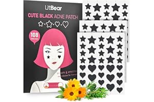 LitBear Acne Patch Pimple Patch, Black Star & Heart Shaped Acne Absorbing Cover Patch, Hydrocolloid Acne Patches For Face Zit Patch Pimple Sticker Acne Dots, Tea Tree Oil + Centella (108 Count)