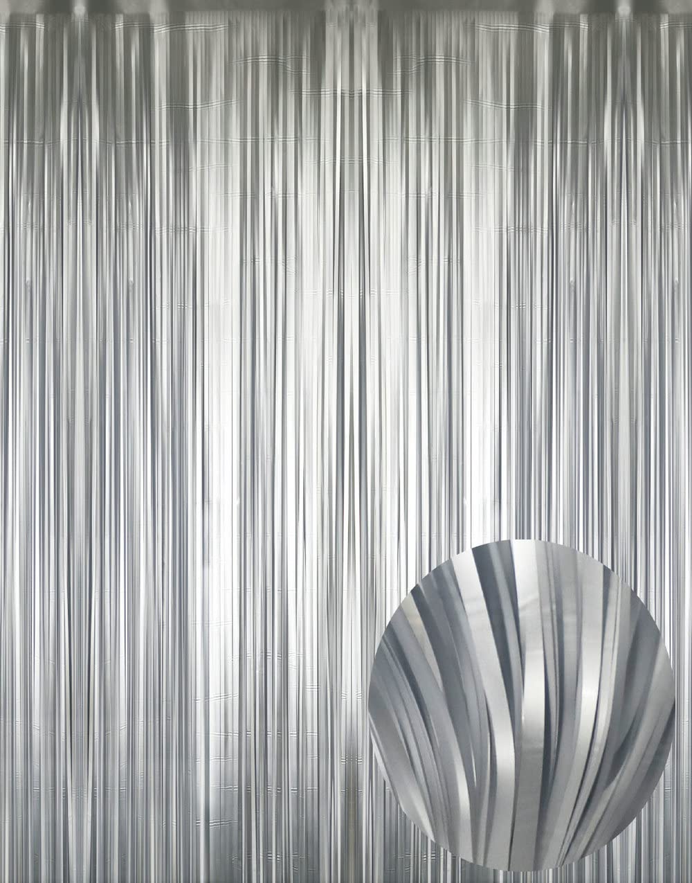 Photo 1 of GOER 6.4 ft x 8.2 ft Metallic Tinsel Foil Fringe Curtains,Pack of 2 Party Streamer Backdrop for Birthday,Graduation Decorations and New Year Eve (Matte Silver,Thick Material)