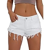 WDIRARA Women's Low Waist Button Ripped Raw Hem Denim Shorts with Pockets