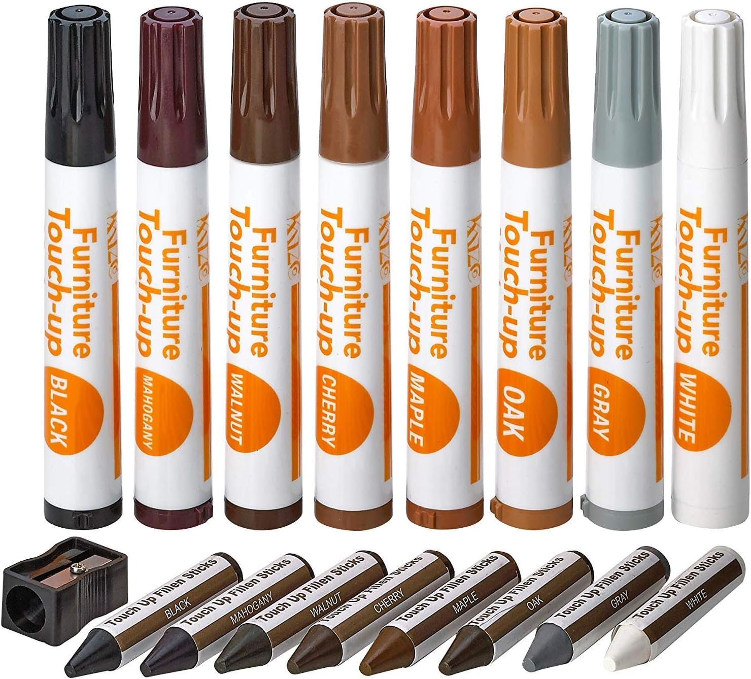 katzco Furniture Repair Kit Wood Markers Set of 17 - Markers and Wax Sticks with Sharpener - for Stains, Scratches, Floors, Tables, Desks, Carpenters, Bedposts, Touch-Ups