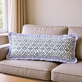 Ridhi Block Print Light Steel Blue 36"x14" Set 1-100% Cotton Ruffle Lumbar Sham Cover Boho Floral Pillowcase, Farmhouse Cottagecore Bedding, Soft Decorative Cover Gift for Spring, Easter, Valentine