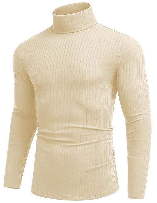 COOFANDY Men's Jumpers Turtleneck Tops for Men Long Sleeve Ribbed Knitted Jumper Lightweight Basic Sweater Beige S