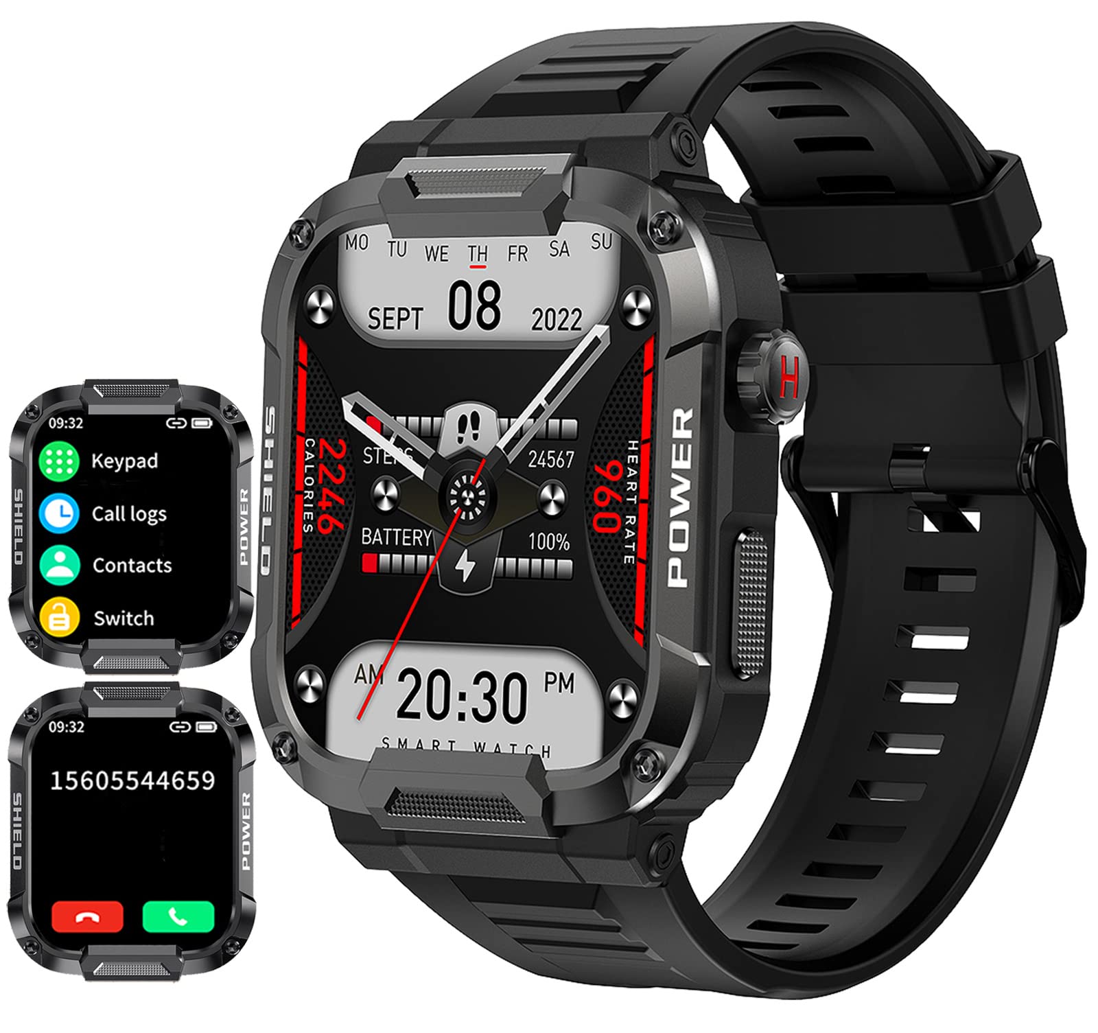 findtime Military Smart Watch Answer Make Calls Heart Rate Blood Pressure 1.85" HD Screen Mens Smartwatch for Android iOS Phones Tactical Pedometer IP68 Waterproof Fitness Watch