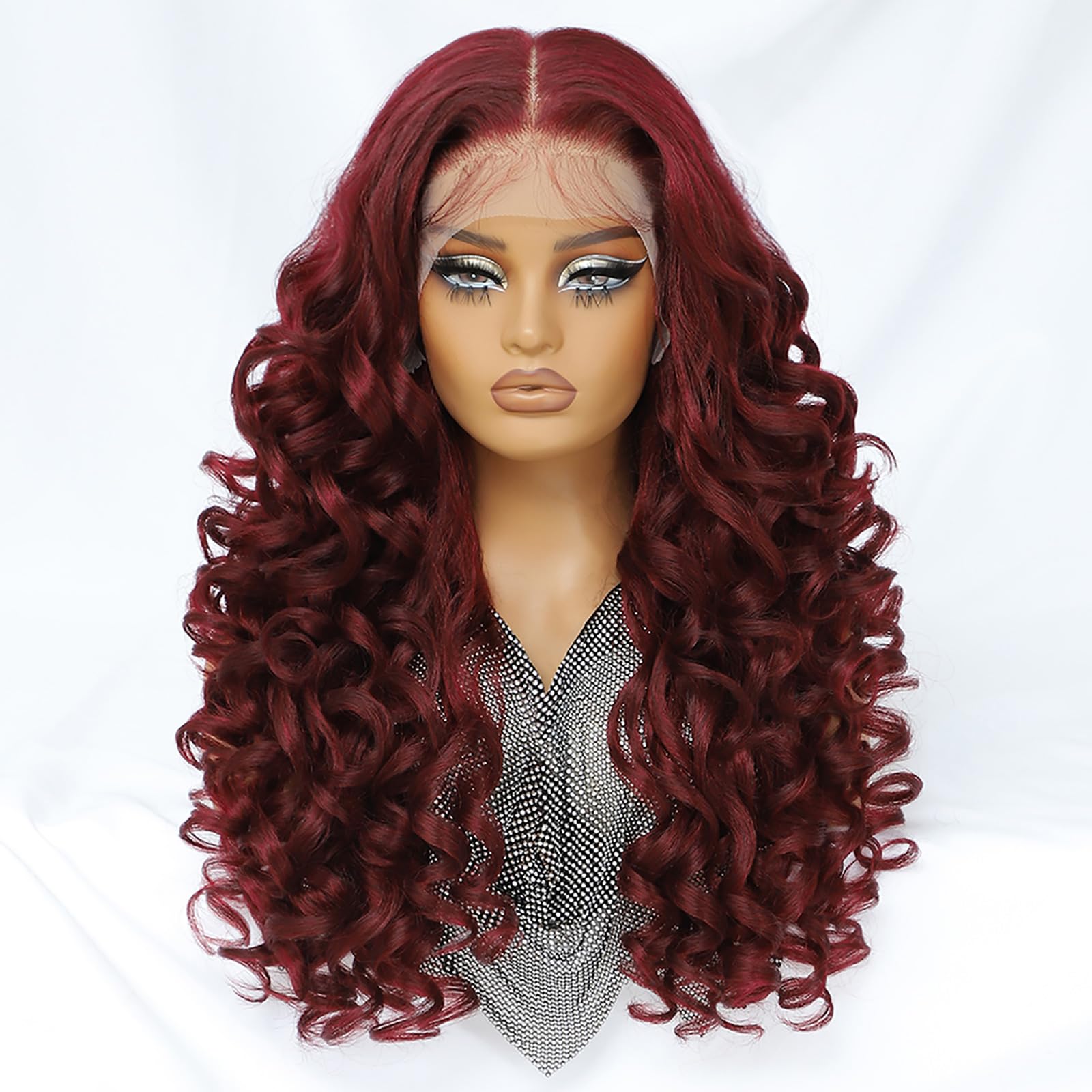 Photo 1 of Felek Burgundy Wig Long Synthetic 13x6 Lace Front Wigs for Black and White Women Red Loose Wave HD Transparent Lace Frontal Wigs Pre Plucked 99J Wear and Go Glueless Curly Wig 24 inch