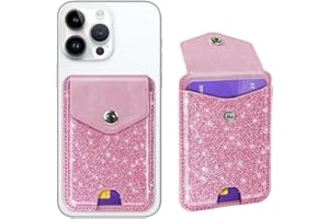 Yiyahu Self Adhesive Card Holders for Back of Phone, Leather RFID Phone Wallet Pockets with Snap, Slim Card Holders Sleeve for Phone Case Compatible with Most of Smartphones, Glitter Pink