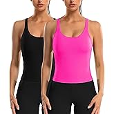 ATTRACO 2 Pack Ribbed Workout Tank Top with Built in Bra Women Seamless Cropped Racerback Yoga Tops Tight Fit