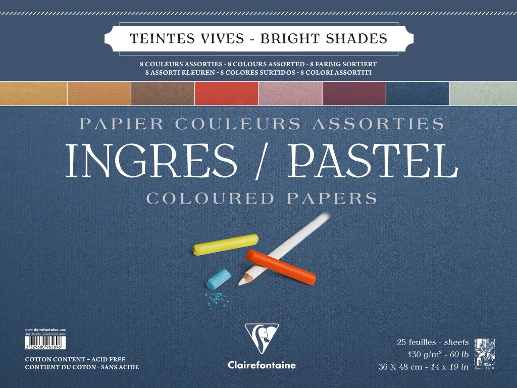 Clairefontaine - Ref 96589C - Ingres Pastel Colour Wirebound Pad (25 Sheets) - 36 x 48cm Size, Cotton Content, Acid Free, 130gsm Paper - Assorted Bright Colours
