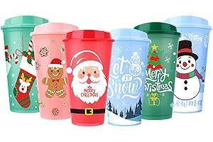 Ovveroche 6 Pcs Christmas Color Changing Plastic Cups with Lids, 16 oz Reusable Hot Coffee Cups for Winter Christmas Holiday Birthday Party
