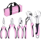 FASTPRO 5-Piece Pink Utility Pliers Set with Storage Bag, Includes Groove Joint, Diagonal, Long Nose, Slip Joint Pliers and 8" Adjustable Wrench