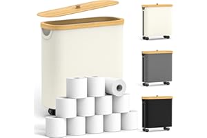 REINHARDT Toilet Paper Storage with Wheel Bamboo Toilet Paper Holder with Lid and Handle Toilet Papers Organizer for Bathroom Free Standing 30L Papers Basket for 9-12 Rolls Bathroom Accessories, Beige