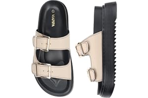Viapipa Chunky Platform Sandals for Women, Waterproof Non-Slip Rubber Sole, Adjustable Double Buckle, Arch Support Open Toe Slide Sandals, Comfortable Black Wedge Sandals for Women