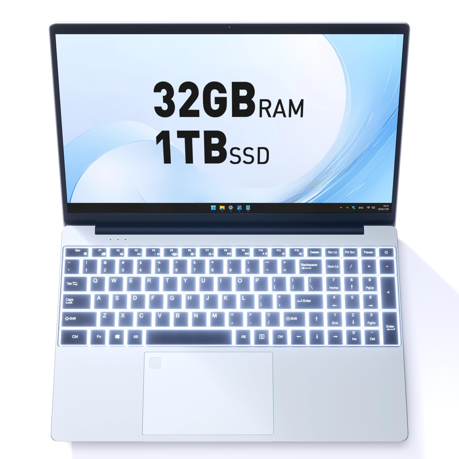 Photo 1 of Auusda Business Laptop Computer for Work, Notebook PC for College Students, 15.6" FHD Display, 4-Core Processor, Backlit Keyboard, Fingerprint Sensor, Up to 10TB Storage, 32GB RAM, 1TB SSD, Silver