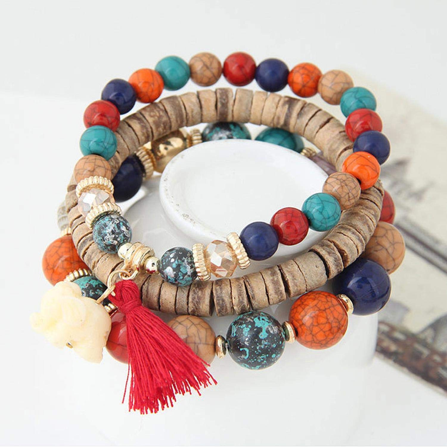 Idomeo Women Fashion Wood Beads Bracelets Boho Small Elephant Charm Bracelets Set Vintage Style Jewelry Strand