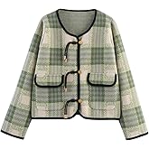 HOULENGS Women's Vintage Button Down Cardigan Sweaters Plaid Print Long Sleeve Knit Jackets with Pockets Fall Winter Fashion Green Large