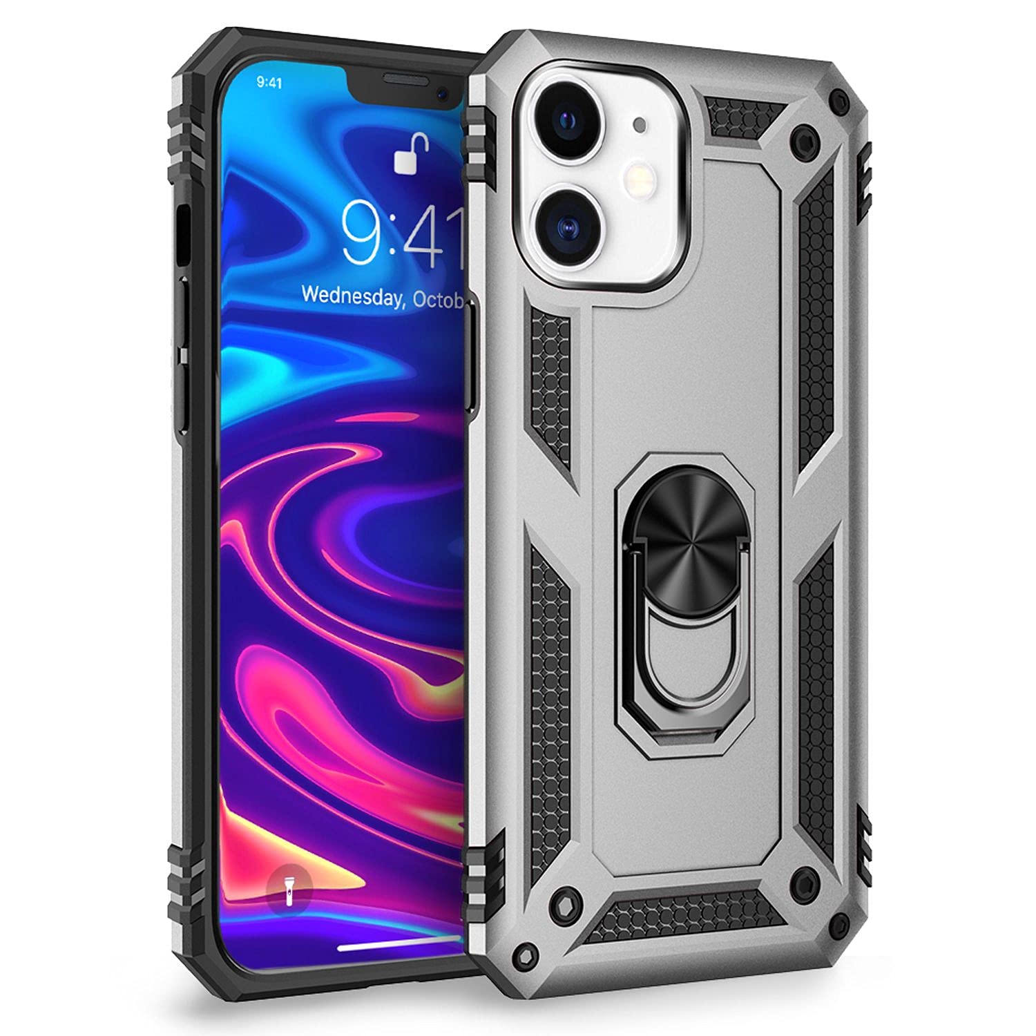 NALIA Rugged Case for iPhone 12/12 Pro - 360° Ring Stand & Magnetic Mount Compatible - RINGDEFEND (Heavy Duty Cover) - German Brand, Color:Silver