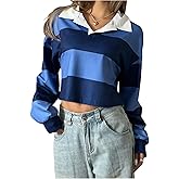 SweatyRocks Women's Color Block Striped Tops Casual Long Sleeve Loose Crop Tees Streetwear