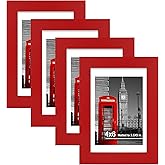 Hongkee 4x6 Picture Frame (4 Pack, Red), Made of Real Glass and Wooden Frame - Display Pictures 3.5x5 with Mat or 4x6 Without Mat, 4 by 6 Photo Frames TableTop Display and Wall Mounting