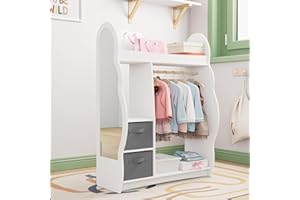 HedoAjim Kids Dress Up Storage Rack Mirror Wood Child Wardrobe 2 Hooks 2 Fabric Bins Toddler Closet Girls Boys Open Hanging Armoire Storage Shelf Coat Costume Hat Shoe (Cloud+White+Two Drawers)