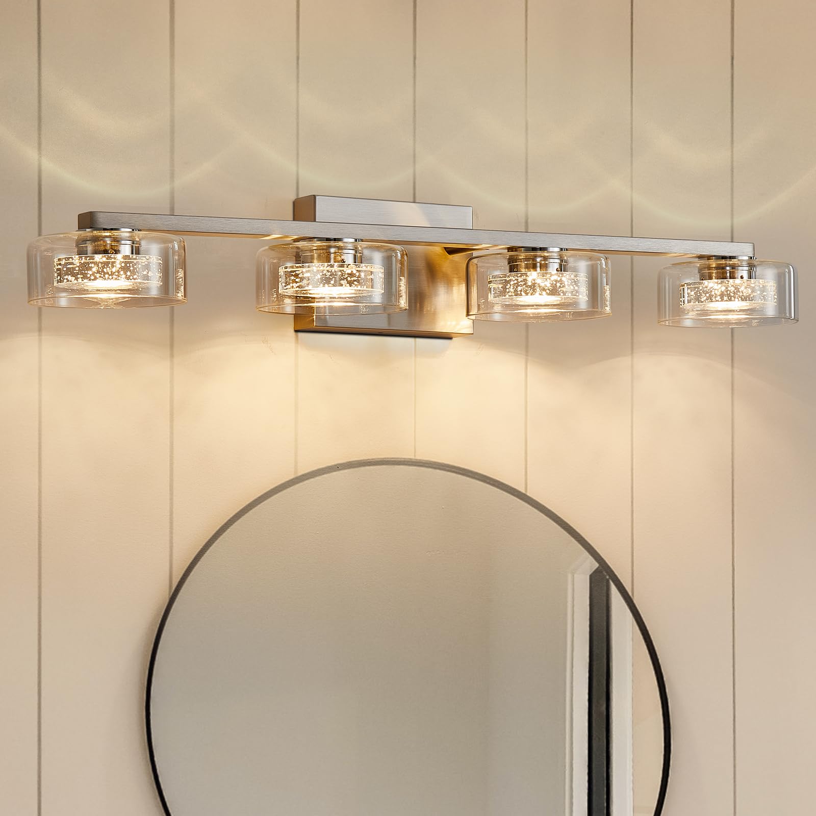Photo 1 of PUNSOKO 4 Light Vanity Light Fixtures, 2700K/4000K/5000K Dimmable LED Bathroom Lights Over Mirror, Modern Brushed Nickel Crystal Vanity Lights for Bathroom(4 Light)