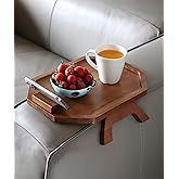 BAMBOO LAND- Couch Arm Tray, Wooden Folding Couch Armrest Table, Octagonal Clip-On Sofa Arm Tray with 360° Rotating Phone Holder