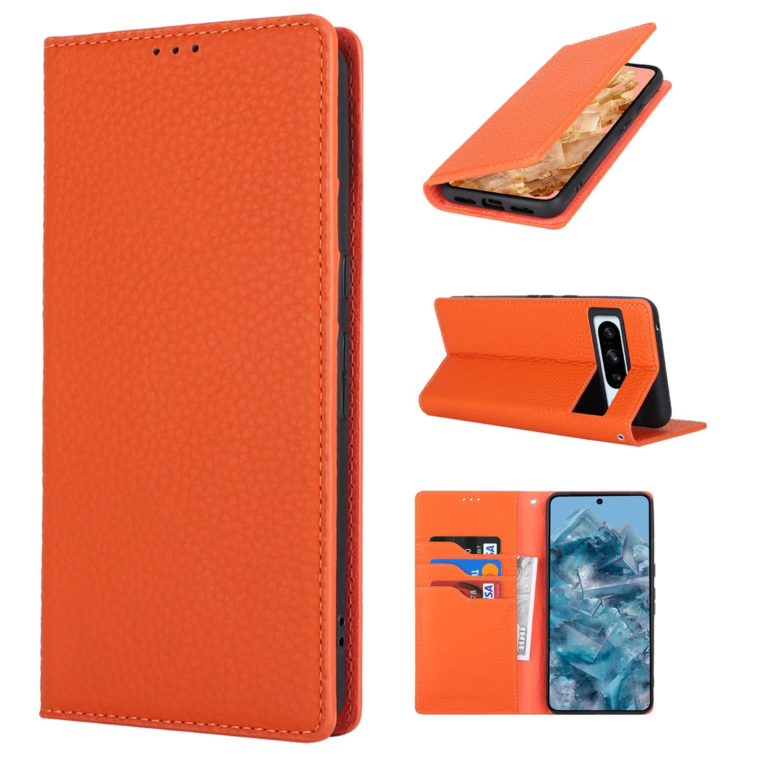 Cavor Phone Case compatible with Google Pixel 8 Pro,Flip Genuine Leather Wallet Case,[3 Card Holders][Magnetic][RFID-Blocking][Mit Lanyard],Protective Case Cover - Dark Green