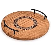 Nirman Serving Trays Iron & Acacia Wood | Round Engraved Design |with Iron Handles for Ottoman, Coffee Table, Kitchen|Farmhouse Style Food Server (12" x 12" x 1.75")