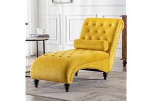 ONPNO Tufted Velvet Chaise Lounge Indoor, Leisure Accent Chair Upholstered Couch with Toss Pillow for Bedrooom Living (Yellow)