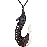 81stgeneration Large HEI Matau Bone and Natural Wood Pendant Necklace - Maori Style Handmade Necklaces for Women - Large Fish Hook - Surfer Necklace for Men - Boho Jewelry
