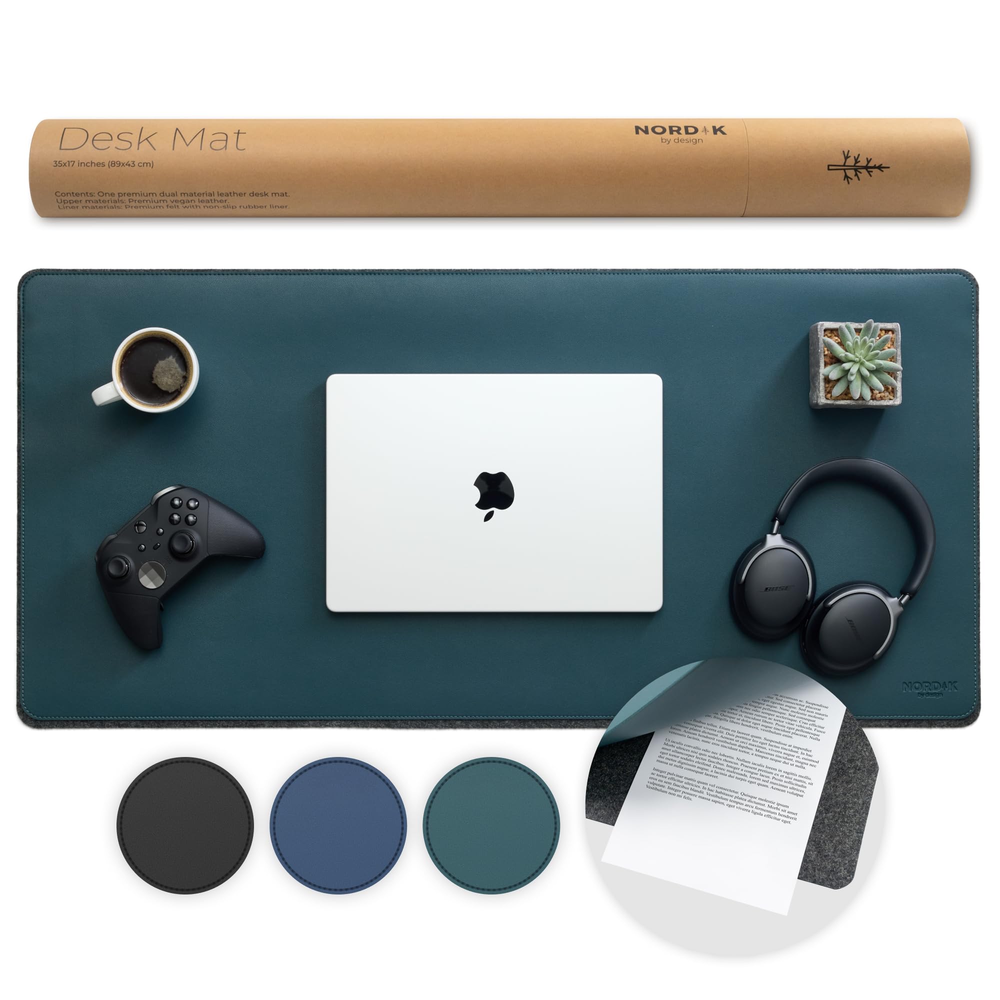 Nordik Felt and Leather Desk Mat Non-Slip - Green - 89 X 43 CM - Felt and Vegan Leather Desk Pad - Document Organizers - Blotter and Desktop Mat - Desk Protector Laptop Matt for Desktop