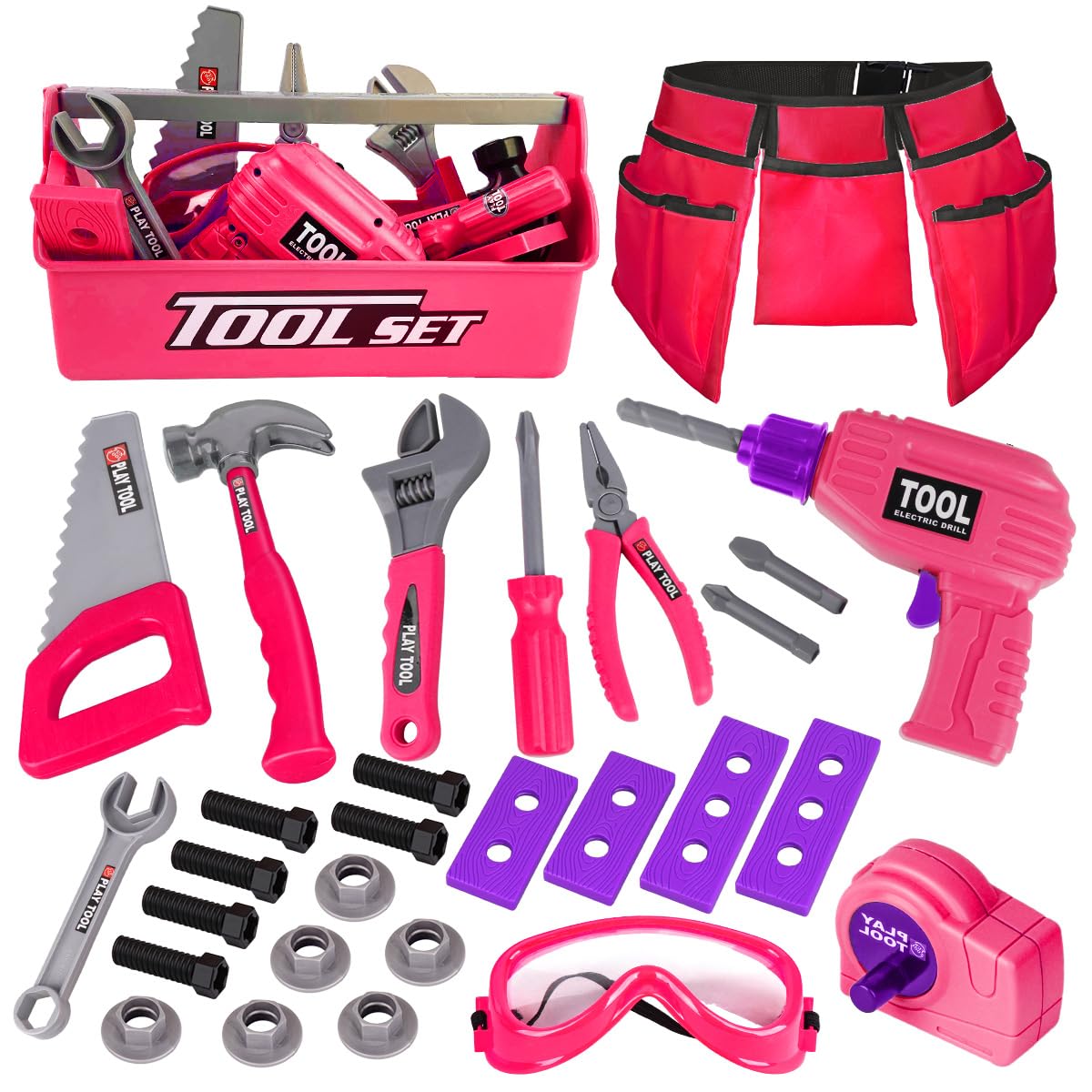 LOYO Kids Tool Set - 30Pcs Pretend Play Tool Box with Belt, Electric Toy Drill, Construction Tool Toys for 3-6 Year Old Girl Boys Gifts（Pink）