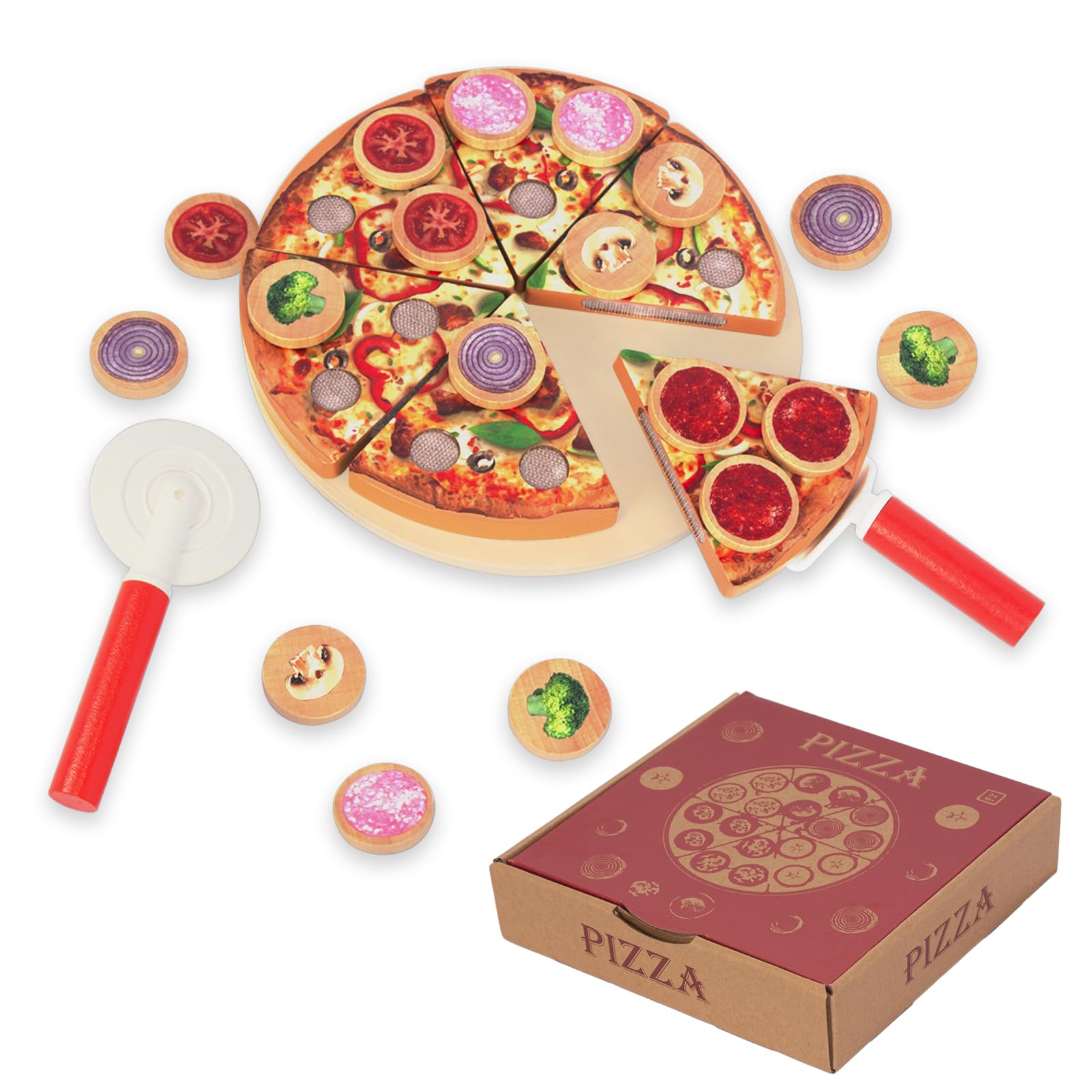 Photo 1 of WoodenEdu Cutting Play Food Toy for Kids Kitchen,Wooden Pizza Set Pretend Play Kitchen Accessories,Learning Toy Birthday Gifts for Boys Girls Toddlers (6 pcs Set)